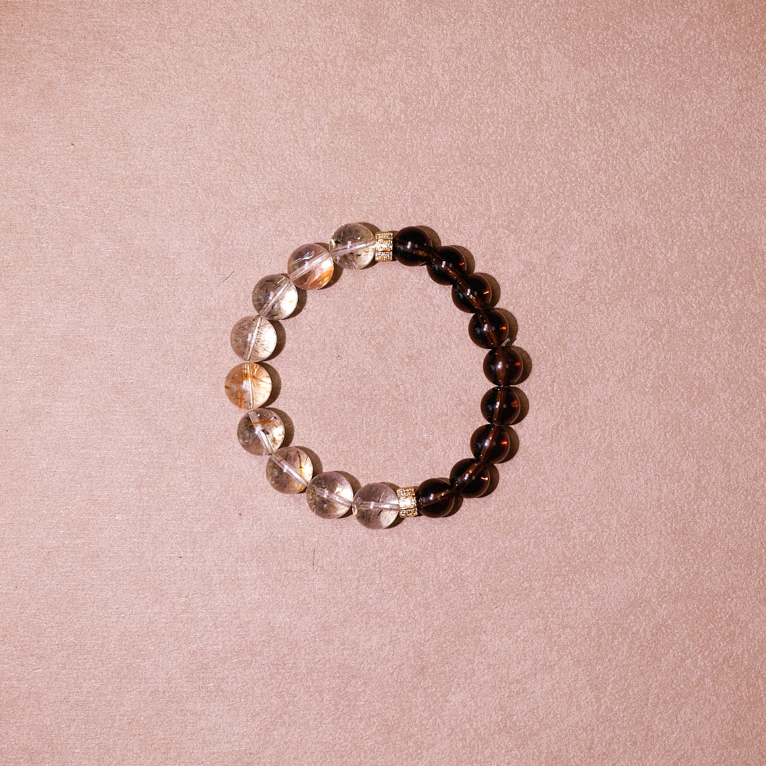 Golden Balance Smoky Quartz & Rutilated Quartz Bracelet | Metal Element Energy