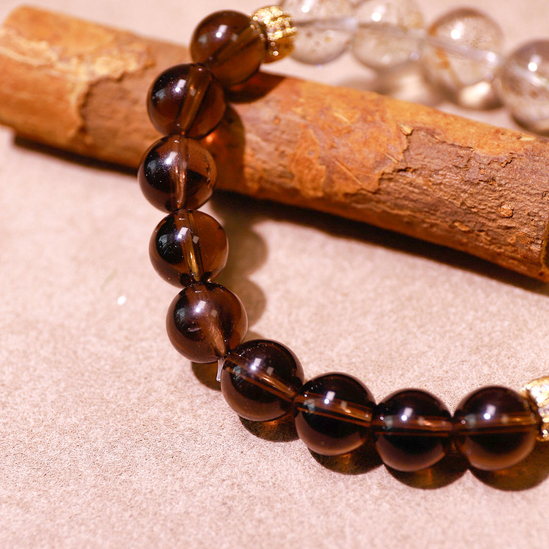 Golden Balance Smoky Quartz & Rutilated Quartz Bracelet | Metal Element Energy