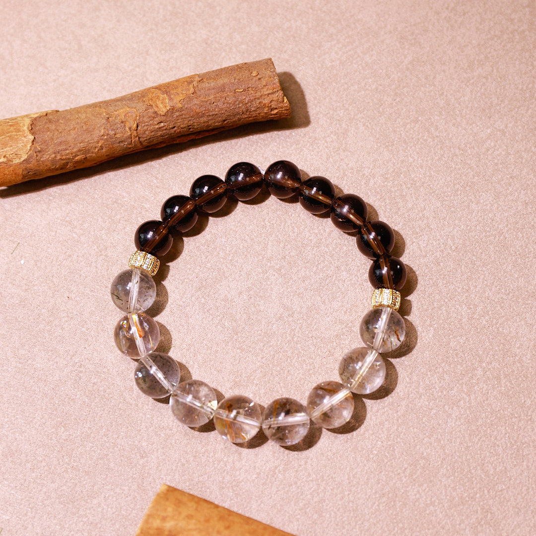 Golden Balance Smoky Quartz & Rutilated Quartz Bracelet | Metal Element Energy