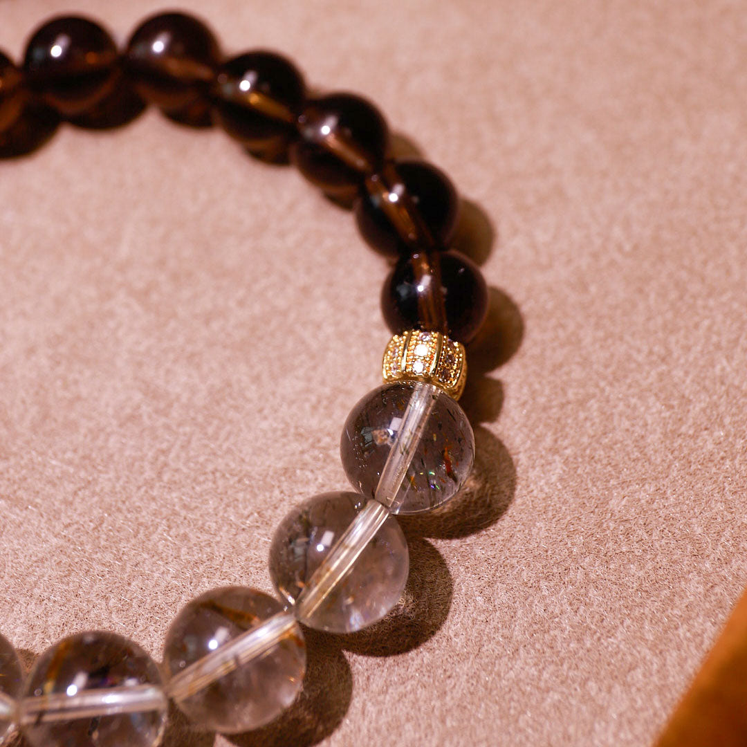 Golden Balance Smoky Quartz & Rutilated Quartz Bracelet | Metal Element Energy
