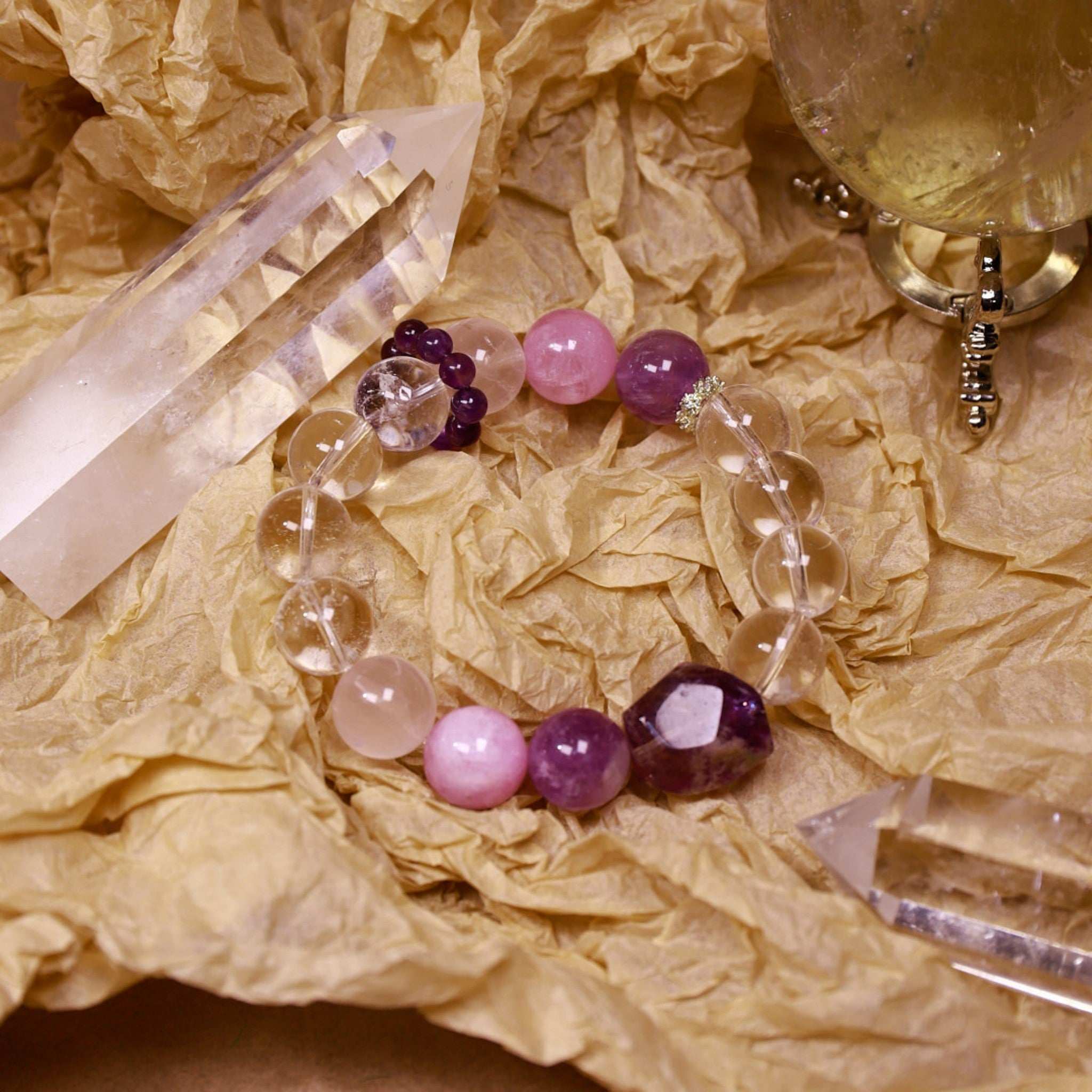 ntuition & Serenity|Dream Stream Amethyst, Rose Quartz & Clear Quartz Bracelet