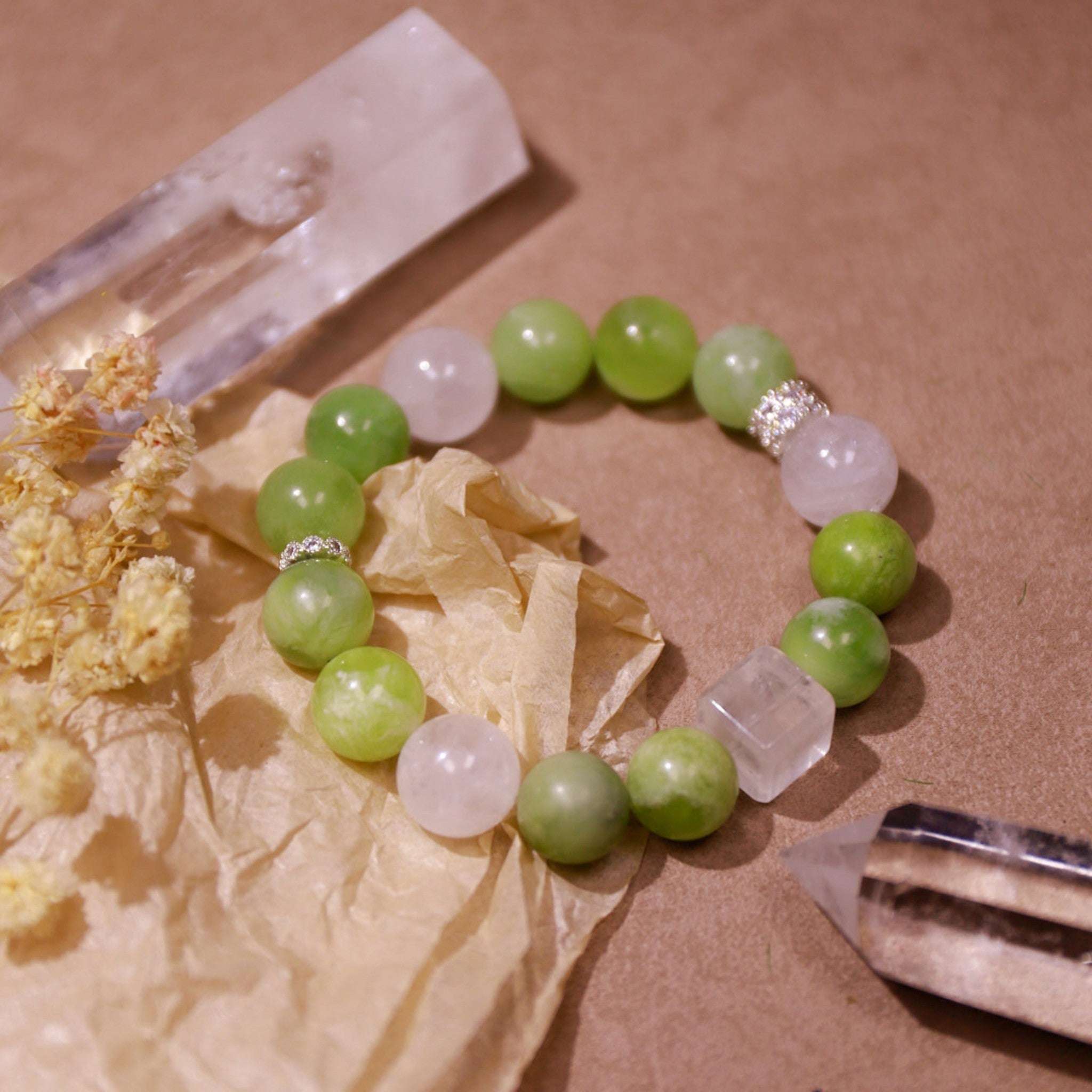 Growth & Vitality|Verdant Renewal White Quartz & Prehnite Bracelet