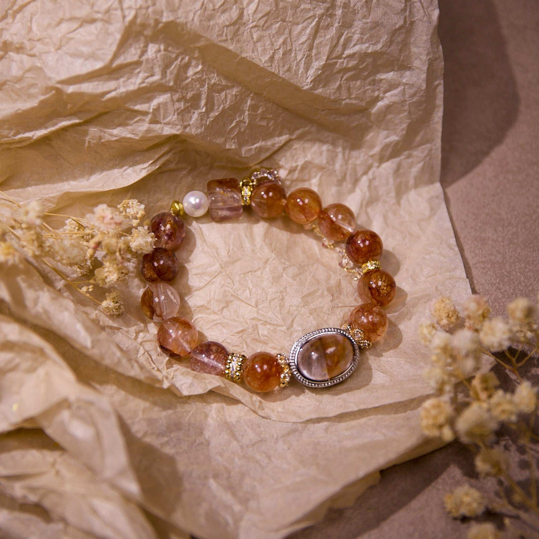 Creativity & Passion|Celestial Fire Red Dendritic Quartz & Pearl Bracelet