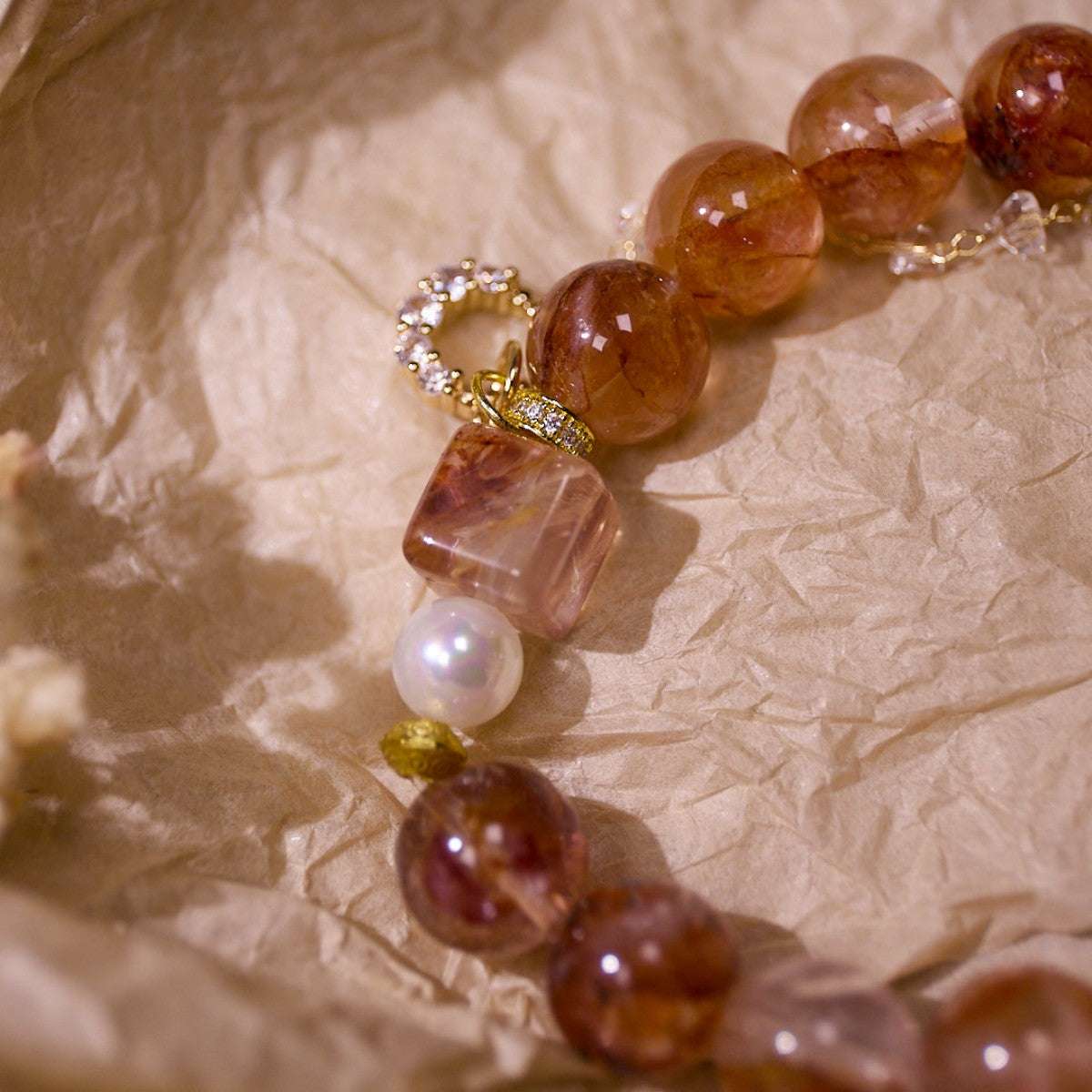 Creativity & Passion|Celestial Fire Red Dendritic Quartz & Pearl Bracelet