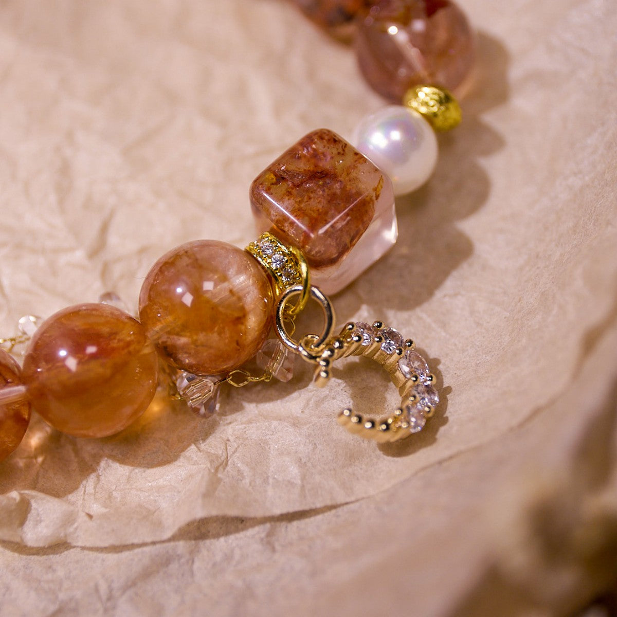 Creativity & Passion|Celestial Fire Red Dendritic Quartz & Pearl Bracelet